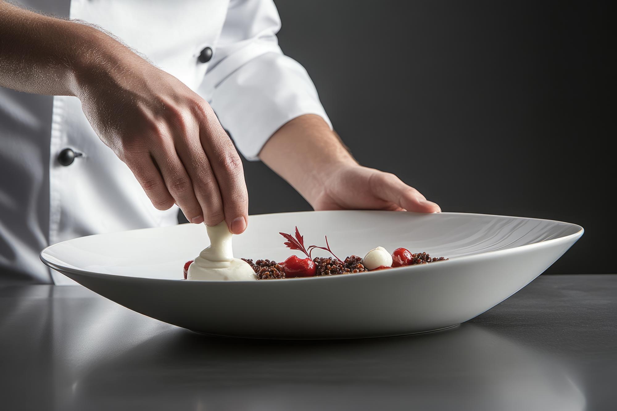 Chef plating a modern dish in studio kitchen